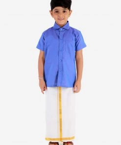 Vastramay Blue And White Cotton Blend Baap Beta Ethnic Shirt And Mundu Set Shirt Mundu Set