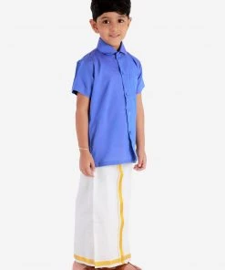 JBN Creation Boys' Teal Blue Cotton Short Sleeves Ethnic Shirt Mundu Vesty Style Dhoti Pant Set