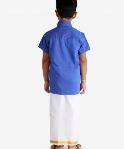JBN Creation Boys' Teal Blue Cotton Short Sleeves Ethnic Shirt Mundu Vesty Style Dhoti Pant Set