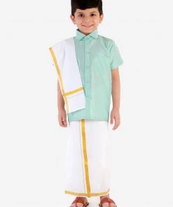 JBN Creation Boys' Aqua Silk Short Sleeves Ethnic Shirt Mundu Vesty Style Dhoti Pant Set