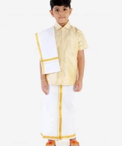 JBN Creation Boys' Parmesan Silk Short Sleeves Ethnic Shirt Mundu Vesty Style Dhoti Pant Set