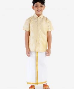 JBN Creation Boys' Parmesan Silk Short Sleeves Ethnic Shirt Mundu Vesty Style Dhoti Pant Set