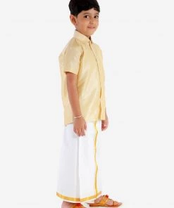 JBN Creation Boys' Parmesan Silk Short Sleeves Ethnic Shirt Mundu Vesty Style Dhoti Pant Set