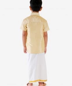 JBN Creation Boys' Parmesan Silk Short Sleeves Ethnic Shirt Mundu Vesty Style Dhoti Pant Set