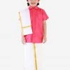 JBN Creation Boys' Punch Pink Silk Short Sleeves Ethnic Shirt Mundu Vesty Style Dhoti Pant Set