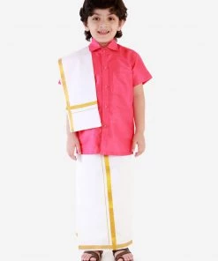 JBN Creation Boys' Punch Pink Silk Short Sleeves Ethnic Shirt Mundu Vesty Style Dhoti Pant Set