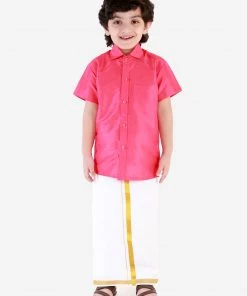 JBN Creation Boys' Punch Pink Silk Short Sleeves Ethnic Shirt Mundu Vesty Style Dhoti Pant Set