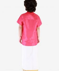 JBN Creation Boys' Punch Pink Silk Short Sleeves Ethnic Shirt Mundu Vesty Style Dhoti Pant Set