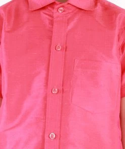 JBN Creation Boys' Punch Pink Silk Short Sleeves Ethnic Shirt Mundu Vesty Style Dhoti Pant Set