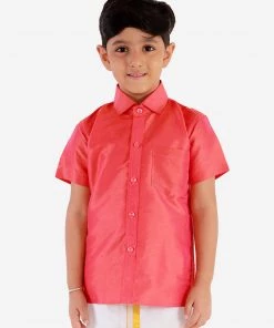 JBN Creation Boys' Candy Red Silk Short Sleeves Ethnic Shirt