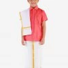 JBN Creation Boys' Candy Red Silk Short Sleeves Ethnic Shirt Mundu Vesty Style Dhoti Pant Set