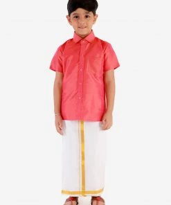 JBN Creation Boys' Candy Red Silk Short Sleeves Ethnic Shirt Mundu Vesty Style Dhoti Pant Set