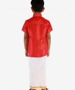 JBN Creation Boys' Candy Red Silk Short Sleeves Ethnic Shirt Mundu Vesty Style Dhoti Pant Set