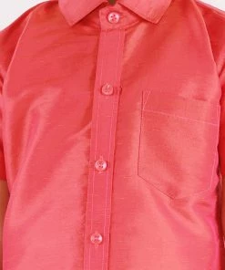 JBN Creation Boys' Candy Red Silk Short Sleeves Ethnic Shirt Mundu Vesty Style Dhoti Pant Set