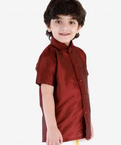 JBN Creation Boys' Wine Silk Short Sleeves Ethnic Shirt