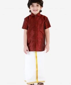 JBN Creation Boys' Wine Silk Short Sleeves Ethnic Shirt Mundu Vesty Style Dhoti Pant Set