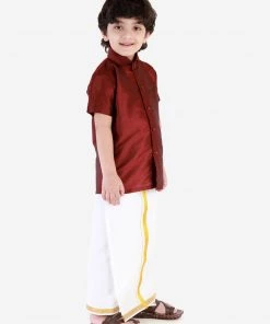 JBN Creation Boys' Wine Silk Short Sleeves Ethnic Shirt Mundu Vesty Style Dhoti Pant Set
