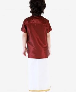 JBN Creation Boys' Wine Silk Short Sleeves Ethnic Shirt Mundu Vesty Style Dhoti Pant Set