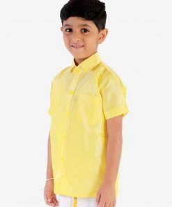 JBN Creation Boys' Butter Yellow Silk Short Sleeves Ethnic Shirt