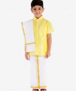 JBN Creation Boys' Butter Yellow Silk Short Sleeves Ethnic Shirt Mundu Vesty Style Dhoti Pant Set