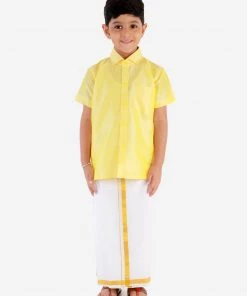 JBN Creation Boys' Butter Yellow Silk Short Sleeves Ethnic Shirt Mundu Vesty Style Dhoti Pant Set