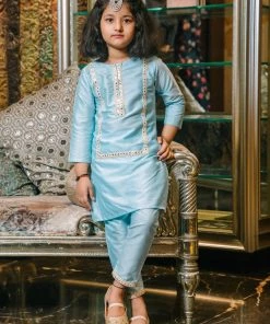 Vastramay Girls' Aqua Viscose Kurta And Straight Pant Set