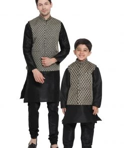 Vastramay Silk Blend Black And Gold Baap Beta Jacket Kurta Pyjama Set