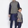 Vastramay Navy Blue And Gold Silk Blend Baap Beta Jacket Kurta Pyjama Set 1 Vastramay Navy Blue And Gold Silk Blend Baap Beta Jacket Kurta Pyjama Set