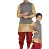 Vastramay Silk Blend Rose Gold And Navy Blue Baap Beta Jacket Dhoti Kurta Set