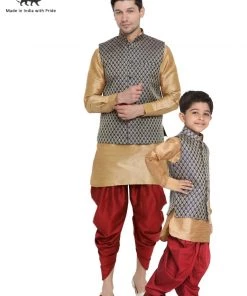 Vastramay Silk Blend Rose Gold And Navy Blue Baap Beta Jacket Dhoti Kurta Set