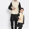 Vastramay Cream And Black Silk Blend Baap Beta Jacket Kurta Pyjama Set