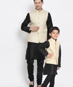 Vastramay Cream And Black Silk Blend Baap Beta Jacket Kurta Pyjama Set