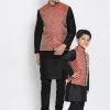 Vastramay Black And Maroon Silk Blend Baap Beta Jacket Kurta Pyjama Set