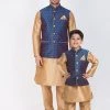 Vastramay Rose Gold And Navy Blue Silk Blend Baap Beta Jacket Kurta Pyjama Set