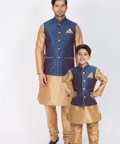 Vastramay Rose Gold And Navy Blue Silk Blend Baap Beta Jacket Kurta Pyjama Set