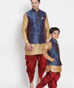 Vastramay Rose Gold, Navy Blue And Maroon Silk Blend Baap Beta Jacket Dhoti Kurta Set Kurta Pyjama