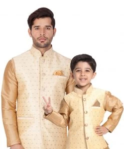 Vastramay Silk Blend Gold Baap Beta Ethnic Jacket