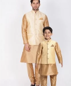 Vastramay Rose Gold Silk Blend Baap Beta Jacket Kurta Pyjama Set