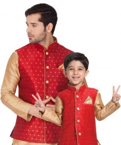 Vastramay Silk Blend Maroon And Rose Gold Baap Beta Ethnic Jacket