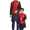 Vastramay Silk Blend Maroon And Navy Blue Baap Beta Jacket Kurta Pyjama Set 1 Vastramay Silk Blend Maroon And Navy Blue Baap Beta Jacket Kurta Pyjama Set