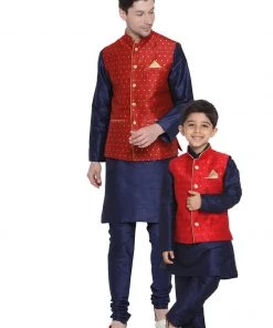Vastramay Silk Blend Maroon And Navy Blue Baap Beta Jacket Kurta Pyjama Set