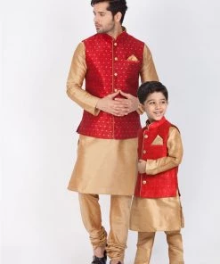 Vastramay Maroon And Rose Gold Silk Blend Baap Beta Jacket Kurta Pyjama Set