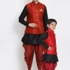 Kurta Pyjama Vastramay Maroon And Black Silk Blend Baap Beta Jacket Dhoti Kurta Set