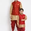 Kurta Pyjama Vastramay Maroon And Rose Gold Silk Blend Baap Beta Jacket Dhoti Kurta Set