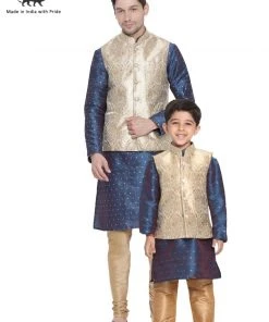 Vastramay Men & Boys Royal Blue Cotton Silk Nehru Jacket, Kutra Pyjama Set