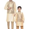 Vastramay Silk Blend Rose Gold And Gold Baap Beta Jacket Kurta Pyjama Set