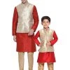 Vastramay Silk Blend Rose Gold And Maroon Baap Beta Jacket Kurta Pyjama Set
