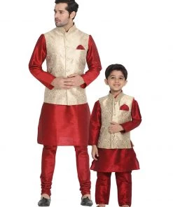 Vastramay Maroon And Rose Gold Silk Blend Baap Beta Jacket Kurta Pyjama Set