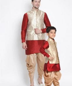 Vastramay Maroon And Rose Gold Silk Blend Baap Beta Jacket Dhoti Kurta Set