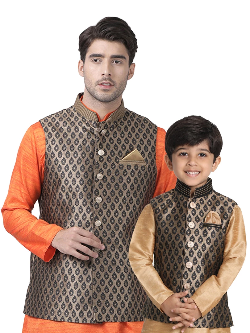 Vastramay Silk Blend Black And Gold Baap Beta Ethnic Jacket 3 Vastramay Silk Blend Black And Gold Baap Beta Ethnic Jacket